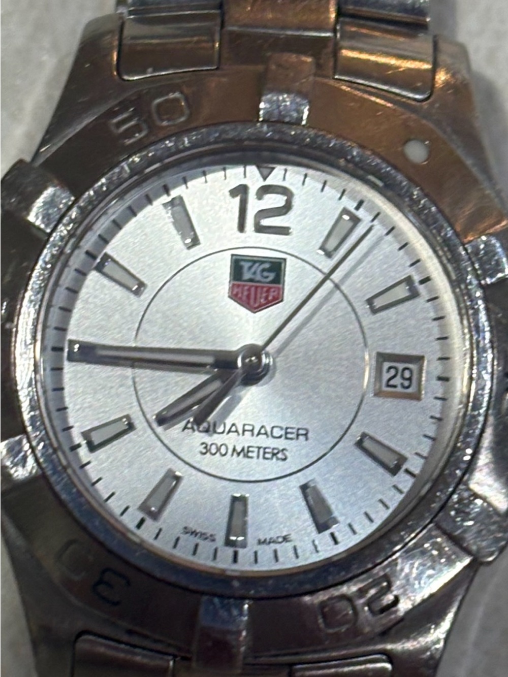Tag Heuer Silver Dial Aquaracer Watch with Red Logo